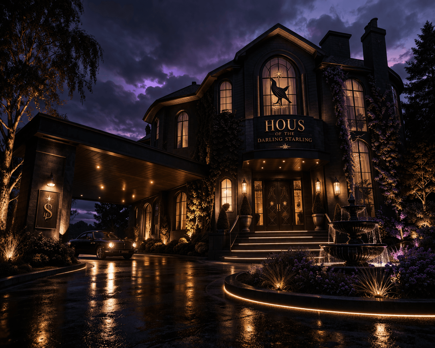 Hous of The Darling Starling — an elegant dark estate illuminated at twilight