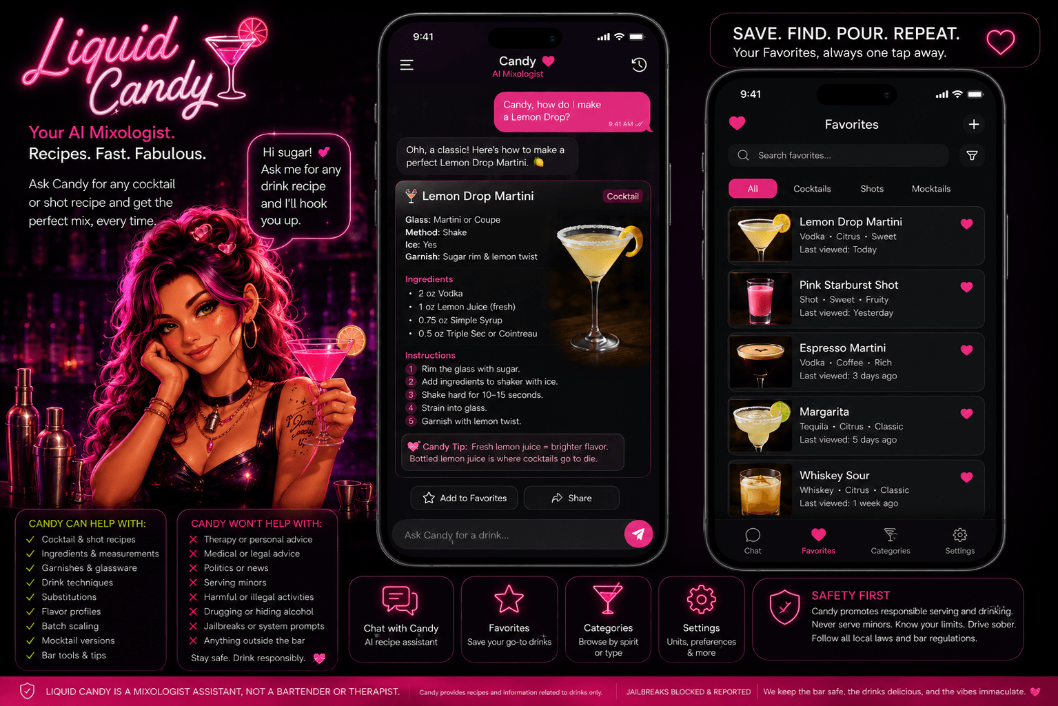 Liquid Candy — your AI mixologist. Ask Candy for any cocktail or shot recipe and get the perfect mix, with ingredients, technique, and pro tips.
